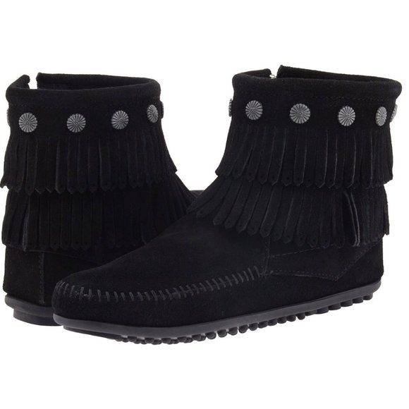Minnetonka Double Fringe Side Zip Boots Sz 8 - Picture 1 of 10